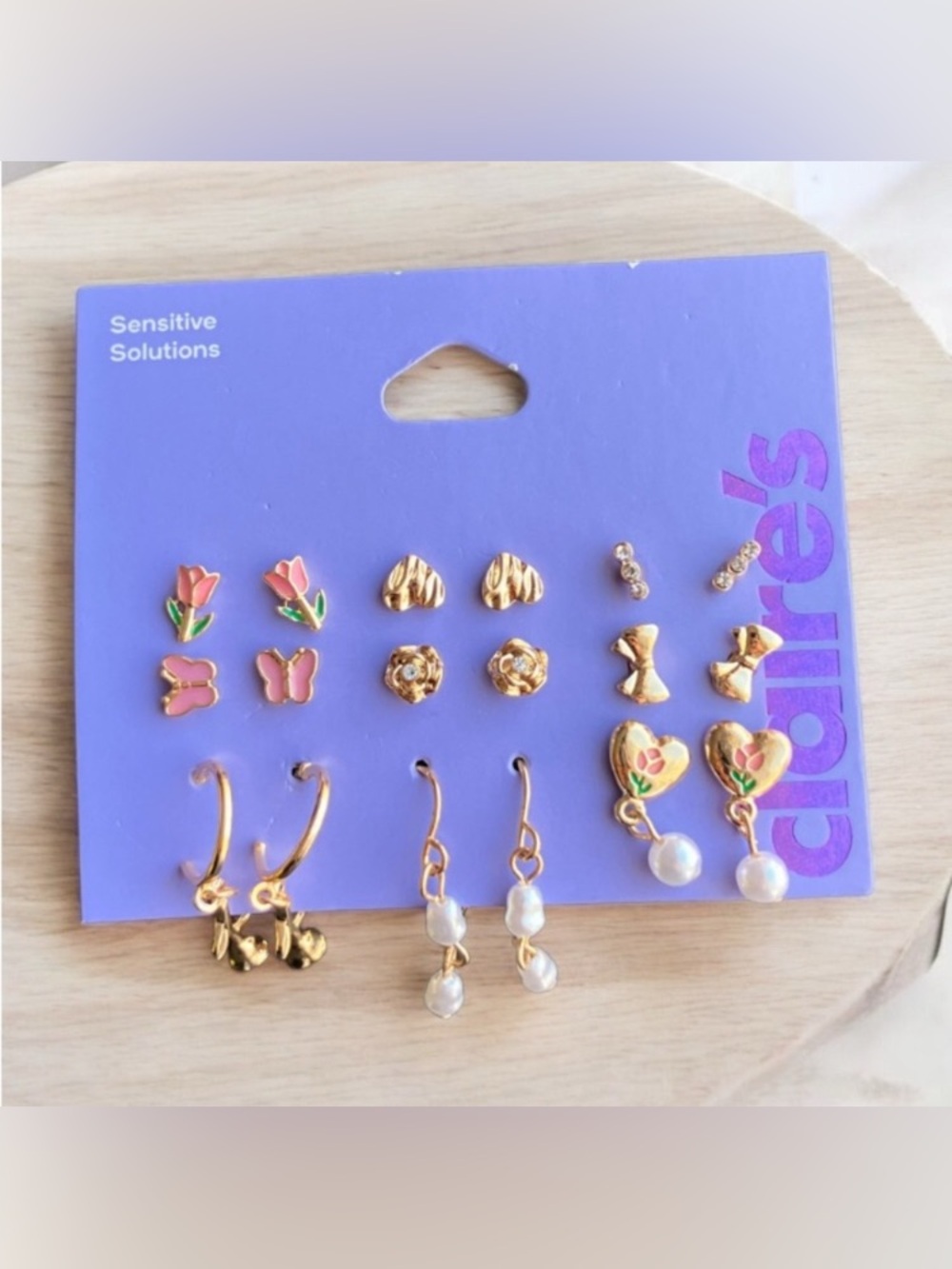NEW Claire's Sensitive Solutions Gold Colour Earring Set of 9 Dangle Studs Bows